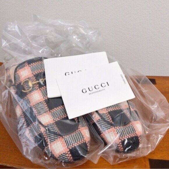 NIB Gucci Princetown Bit Logo Loafer 36 Fancy Tweed Damier Black Pink Mule Slide - Picture 12 of 14